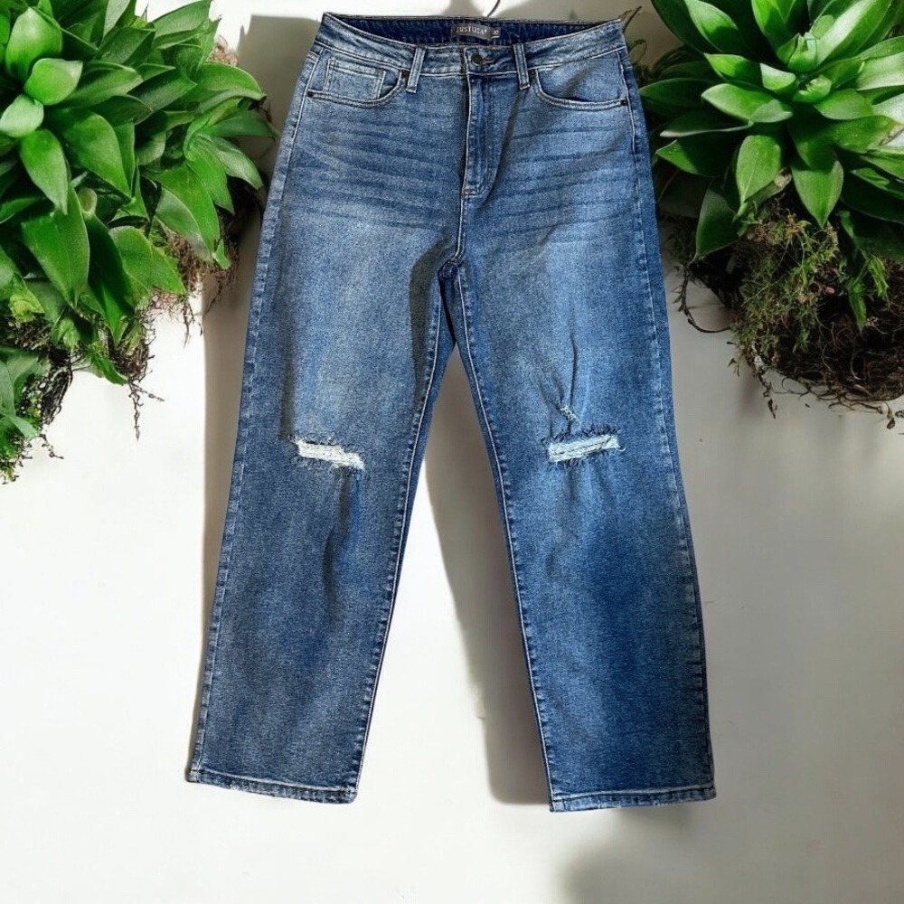 Just USA Distressed Dad Jean Medium Denim 30 NEW AB132 Relaxed Straight Leg